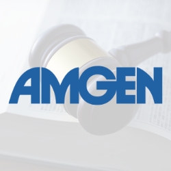 Amgen logo with gavel behind it