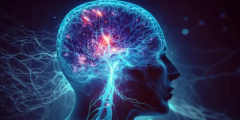 Human brain with glowing neurons