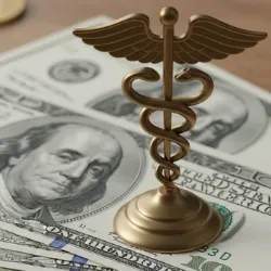 Hundred dollar bills and caduceus symbol